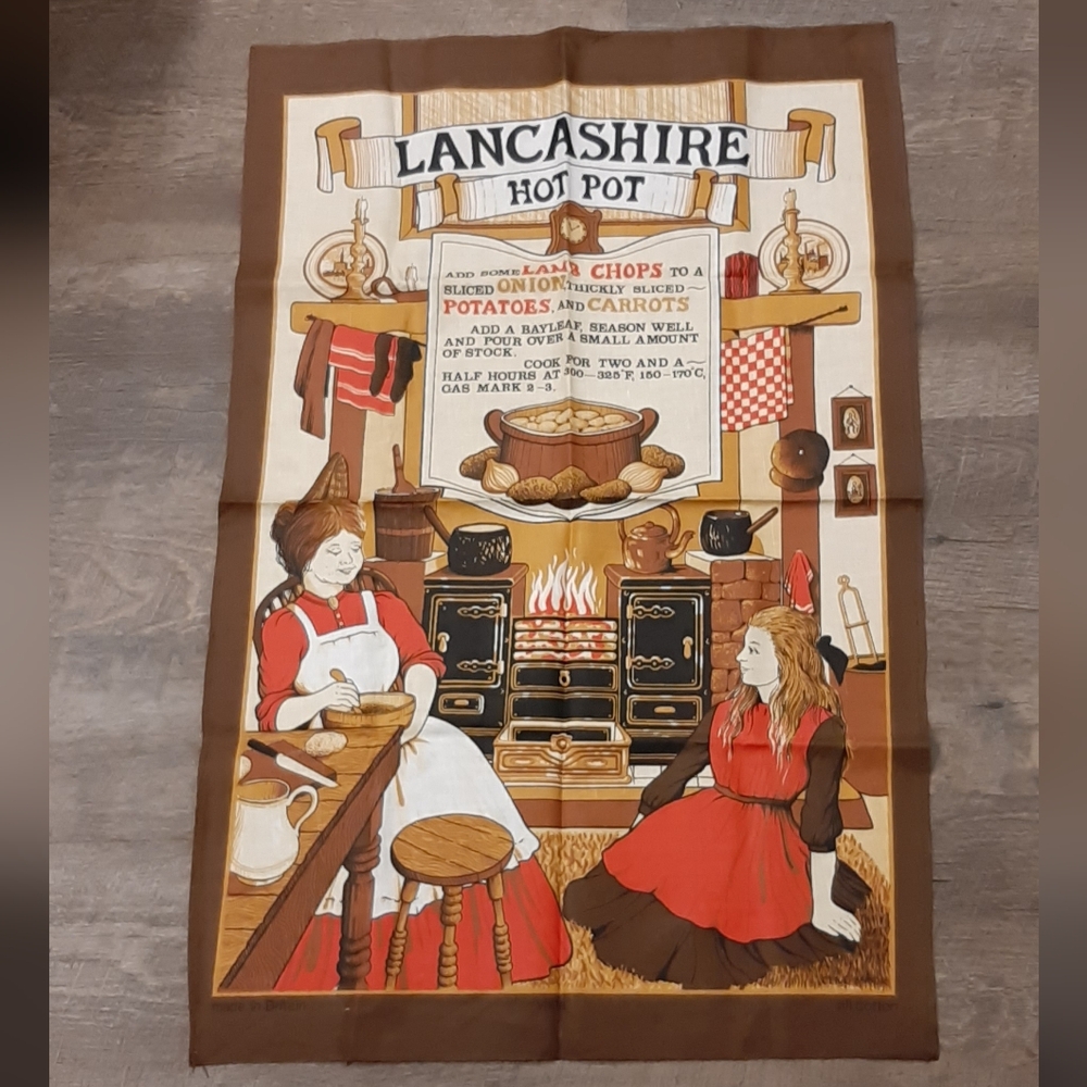 Vintage Cotton Tea Towel LANCASHIRE HOTPOT Recipe Clive Mayor Vista 1970's